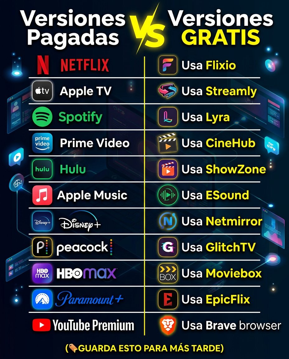 Alex_Inspira's tweet photo. VERSIONES PAGADAS vs VERSIONES GRATIS.

NO PAGUES por Netflix, usa Flixio
NO PAGUES por Apple TV, usa Streamly
NO PAGUES por Spotify, usa Lyra
NO PAGUES por Hulu, usa ShowZone
NO PAGUES por Apple Music, usa ESound
NO PAGUES por Disney+, usa Netmirror
NO PAGUES por Peacock, usa GlitchTV
NO PAGUES por HBO Max, usa Moviebox
NO PAGUES por Paramount+, usa EpicFlix
NO PAGUES por YouTube Premium, usa Brave browser

(🔖GUARDA ESTO PARA MÁS TARDE)
