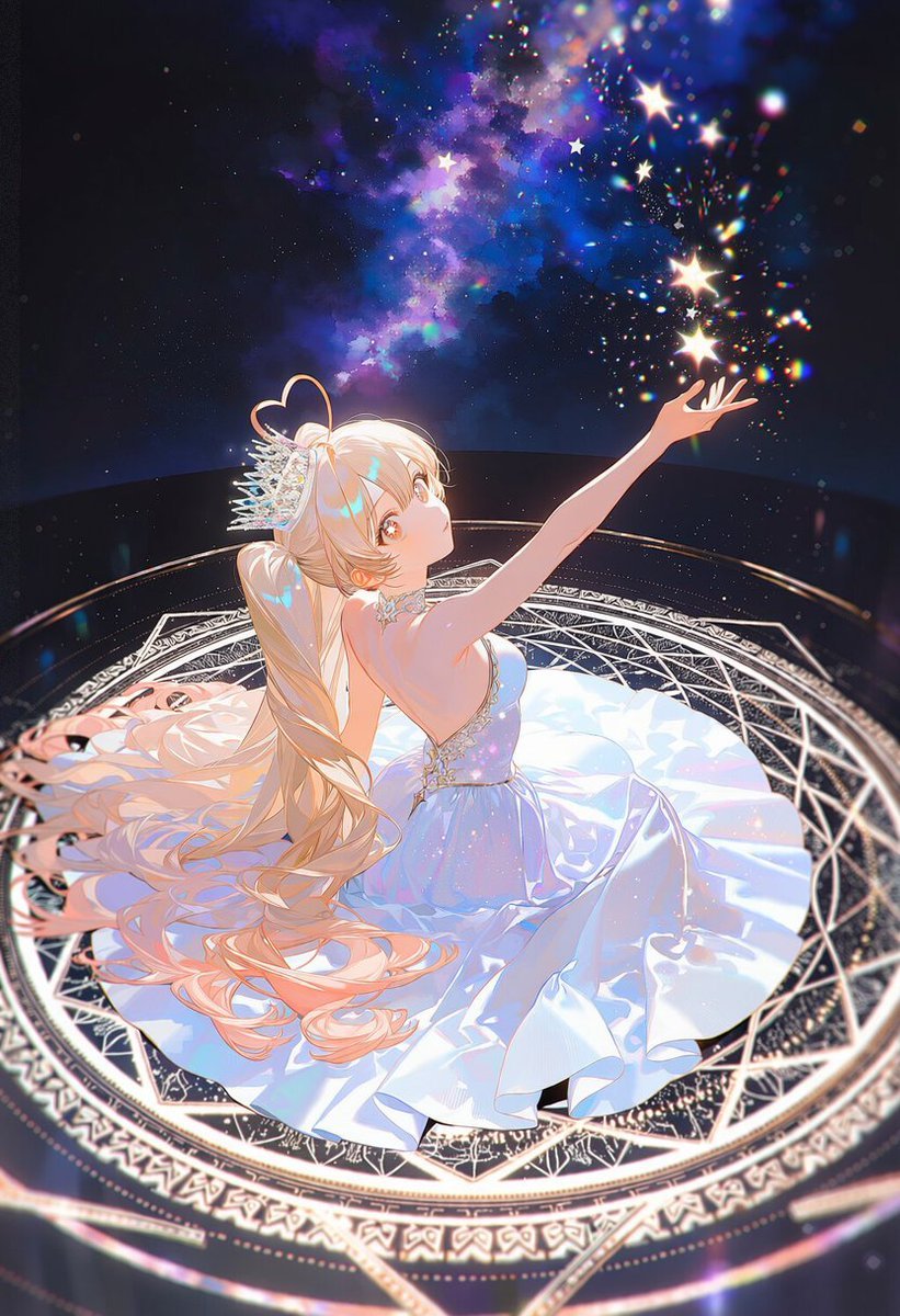 yeon__ing's tweet photo. [공주님 아니고 여신님👑🌟]
프롬 공유(V5/4.5/픽스)
from above, wide shot, side view, back, sitting in center of giant magic circle, outstretched arm, holding glowing particles, 1.5::intricate geometric magic circle on floor::, 1.3::platinum and pastel color palette::, ornate details, dramatic pose, looking up, 1.4::black background::, black floor, dark environment, high contrast, 1.3::pastel colored highlights::,  glowing hair, ornate crown, glowing crown, 1.4::ornate gown, flowing dress, white one-piece dress, flowing dress::, intricate details, glowing patterns, luminescent trim, cosmic print dress, star print, cosmic background, swirling nebula, twinkling stars, galaxy, masterpiece, best quality, amazing quality, very aesthetic, highres, incredibly absurdres,