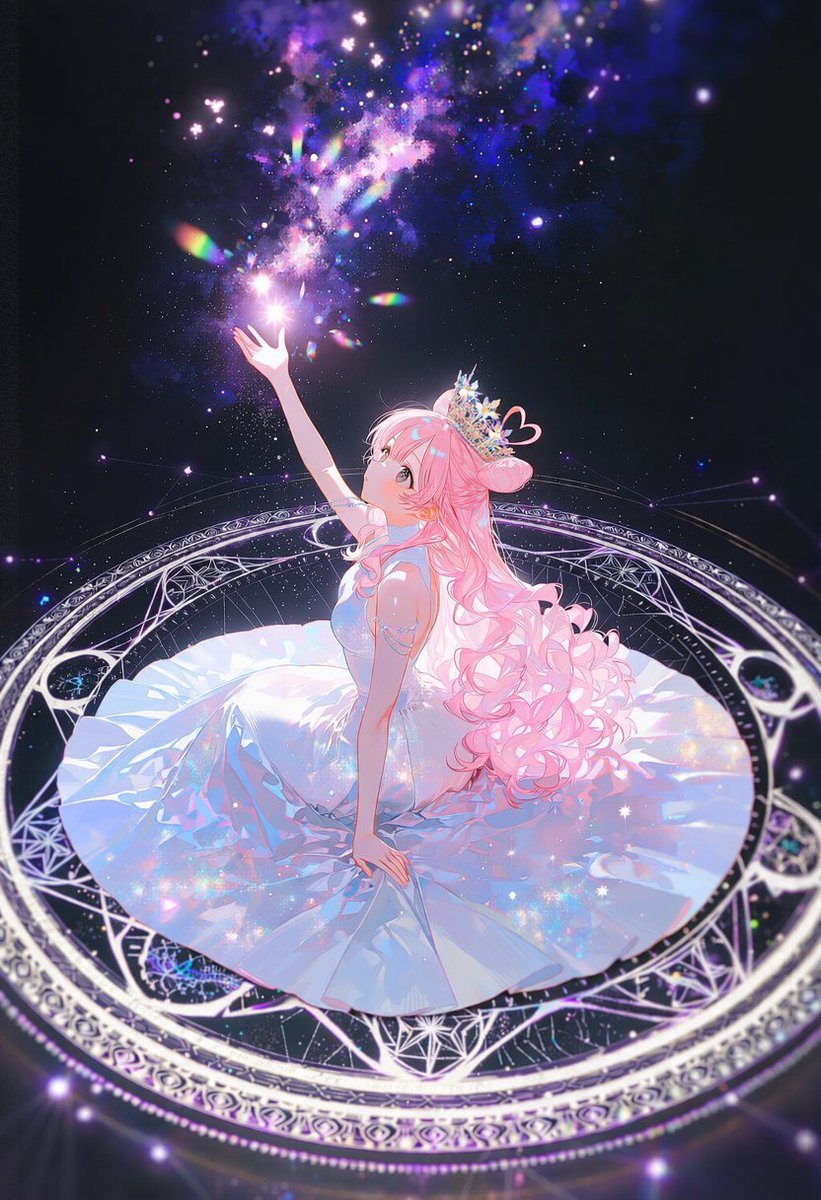 yeon__ing's tweet photo. [공주님 아니고 여신님👑🌟]
프롬 공유(V5/4.5/픽스)
from above, wide shot, side view, back, sitting in center of giant magic circle, outstretched arm, holding glowing particles, 1.5::intricate geometric magic circle on floor::, 1.3::platinum and pastel color palette::, ornate details, dramatic pose, looking up, 1.4::black background::, black floor, dark environment, high contrast, 1.3::pastel colored highlights::,  glowing hair, ornate crown, glowing crown, 1.4::ornate gown, flowing dress, white one-piece dress, flowing dress::, intricate details, glowing patterns, luminescent trim, cosmic print dress, star print, cosmic background, swirling nebula, twinkling stars, galaxy, masterpiece, best quality, amazing quality, very aesthetic, highres, incredibly absurdres,