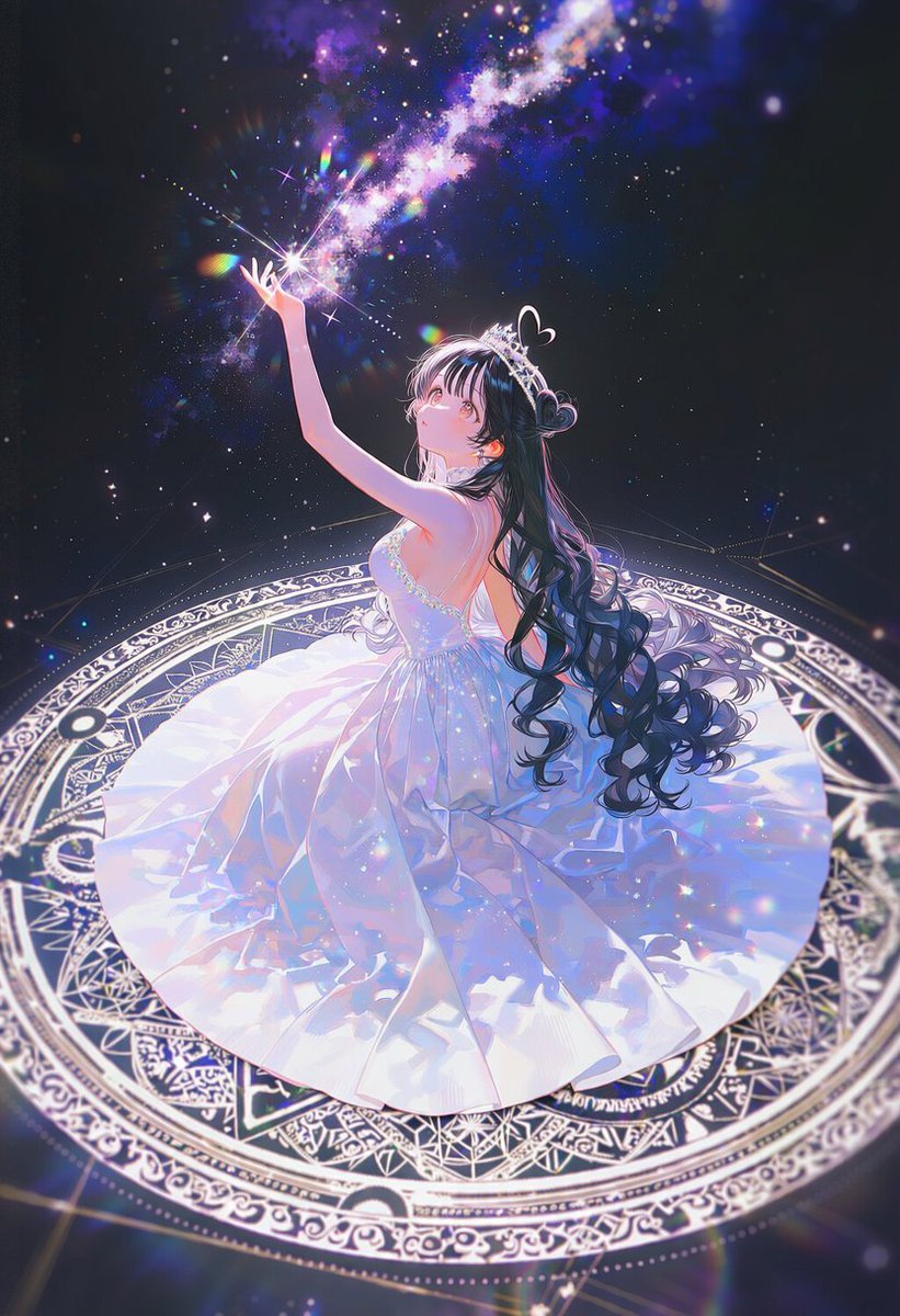 yeon__ing's tweet photo. [공주님 아니고 여신님👑🌟]
프롬 공유(V5/4.5/픽스)
from above, wide shot, side view, back, sitting in center of giant magic circle, outstretched arm, holding glowing particles, 1.5::intricate geometric magic circle on floor::, 1.3::platinum and pastel color palette::, ornate details, dramatic pose, looking up, 1.4::black background::, black floor, dark environment, high contrast, 1.3::pastel colored highlights::,  glowing hair, ornate crown, glowing crown, 1.4::ornate gown, flowing dress, white one-piece dress, flowing dress::, intricate details, glowing patterns, luminescent trim, cosmic print dress, star print, cosmic background, swirling nebula, twinkling stars, galaxy, masterpiece, best quality, amazing quality, very aesthetic, highres, incredibly absurdres,