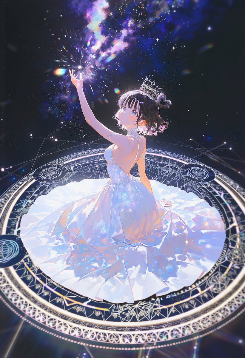 yeon__ing's tweet photo. [공주님 아니고 여신님👑🌟]
프롬 공유(V5/4.5/픽스)
from above, wide shot, side view, back, sitting in center of giant magic circle, outstretched arm, holding glowing particles, 1.5::intricate geometric magic circle on floor::, 1.3::platinum and pastel color palette::, ornate details, dramatic pose, looking up, 1.4::black background::, black floor, dark environment, high contrast, 1.3::pastel colored highlights::,  glowing hair, ornate crown, glowing crown, 1.4::ornate gown, flowing dress, white one-piece dress, flowing dress::, intricate details, glowing patterns, luminescent trim, cosmic print dress, star print, cosmic background, swirling nebula, twinkling stars, galaxy, masterpiece, best quality, amazing quality, very aesthetic, highres, incredibly absurdres,