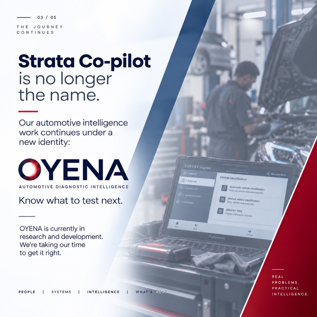 Stratafieldhq's tweet photo. 3️⃣ OYENA (formerly Strata Co-pilot) is our automotive diagnostic intelligence.

We’re actively testing with partner repair bays to turn raw symptoms into exact physical test procedures before buying parts.

🔗 Full story: https://t.co/jcYrHzht26 https://t.co/EHSwLRoyZc