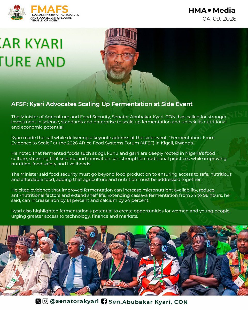 SenatorAKyari's tweet photo. At #AFSF2026 in Kigali, I called for increased investment in science, standards and enterprise to scale up fermentation and unlock its nutritional and economic potential.

Fermented foods such as ogi, kunu and garri are central to Nigeria’s food culture. With innovation, we can improve nutrition, food safety, livelihoods and market opportunities, particularly for women and young people.