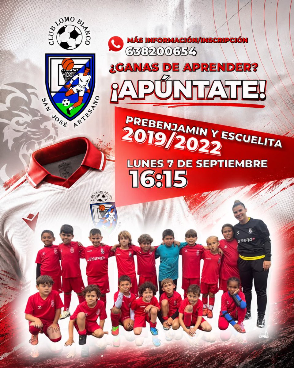 CDLomoBlanco's tweet photo. 🦁🔥 ¡BUSCAMOS A LOS FUTUROS LEONES! 🔥🦁

⚽️ Este lunes 7 de septiembre arranca la temporada del PREBENJAMÍN Y LA ESCUELITA DEL LOMO BLANCO. 🔴⚪ https://t.co/FUFjrTiyzF