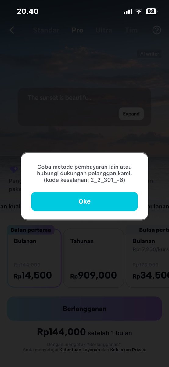 bitty_winny's tweet photo. capcut kenapa error gabisa buat payment dah????? https://t.co/f0J1cB6Xn3