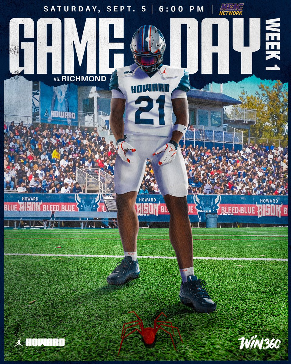 HUBISONFOOTBALL's tweet photo. Bison Nation, it’s Game Day!

Wear White ⚪️ for our home opener against Richmond! Kick-off is 6:00pm.

Can’t make it to the game? Watch the action live on the MEAC Network:

https://t.co/fwNZPl6vfR

#win360🦬🏈
#howarduniversity https://t.co/qJbQTA28qC