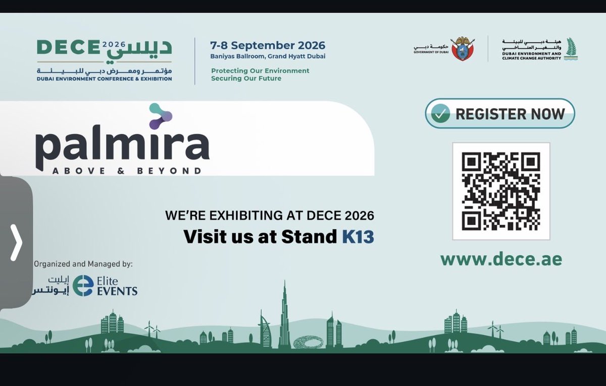 PalmiraSoftware's tweet photo. Palmira is heading to DECE 2026! 🌿✨

We’re excited to announce that Palmira Above &amp; Beyond will be exhibiting at the Dubai Environment Conference &amp; Exhibition (DECE 2026).

#DECE2026 #Palmira #Dubai #Sustainability #Environment #DubaiEvents https://t.co/oquqSsexpJ