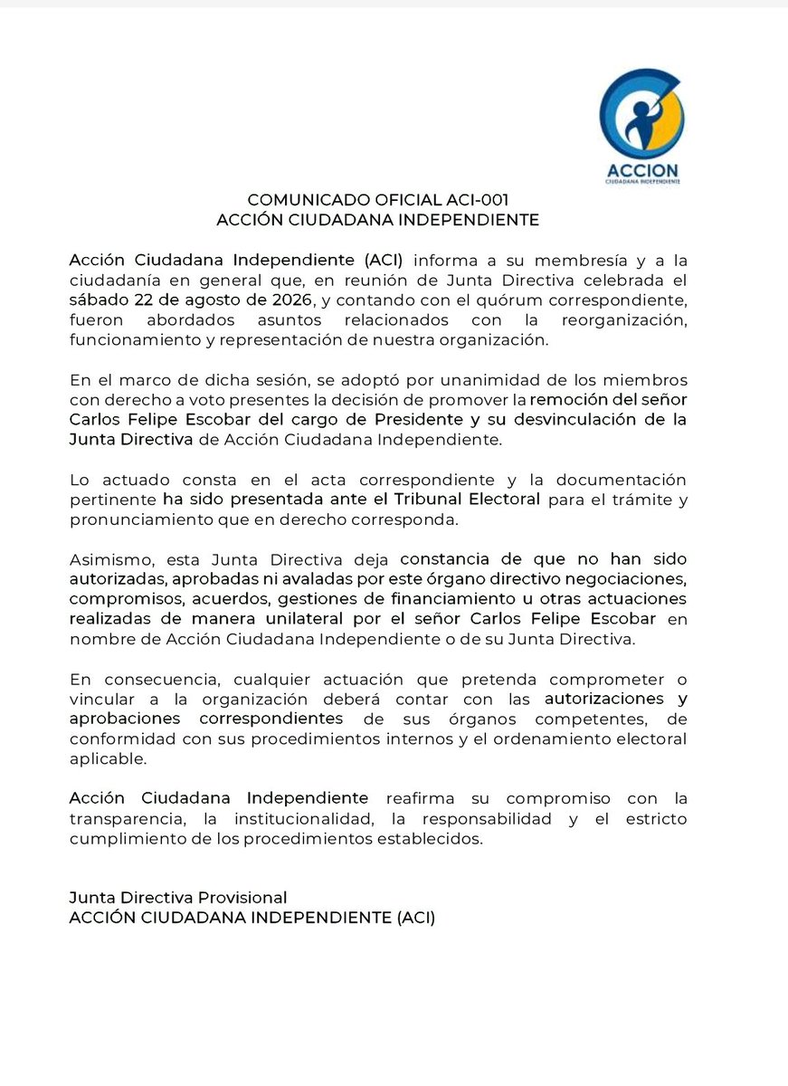 acipanama's tweet photo. Comunicado: Acción Ciudadana Independiente. 

#panama
#DiarioLibre 
#laprensa
#telemetronoticias
#tvnnoticias
#nextvnoticias https://t.co/dGPjMZ3NLC