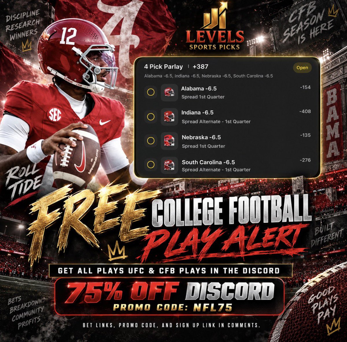 TheCoachesDesk's tweet photo. Fun day in sports for me with #UFCParis &amp; College Football 😎

Here’s a 🆓 1st QTR spread play for the timeline.

Let’s have ourselves a day!!! 

💬 Find the bet link, as well as the 75% OFF promo code/sign up for @LevelsPicks link in the comments 🫱🏻‍🫲🏾 https://t.co/B0v4LXxQgo