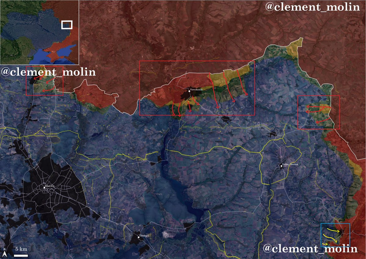 clement_molin's tweet photo. In the Kharkiv region, Russian 🇷🇺 mappers claim they encircled thousands of Ukrainian 🇺🇦 soldiers north of Veliky Burluk.

This does not correspond to the reality and is pure propaganda. We can depict 4 directions where offensive operations are ongoing in Kharkiv oblast :

🔸The westernmost is a cross border operation in and around Kozacha Lopan, with Russian forces showing their flags all over the town recently. This is part of Russian plan to create a "buffer zone" with bordering regions.
🔸The main offensive action is ongoing near Vovchansk, with long infiltrations that often reach very deep, thanks to the lack of engineering structures (the first real defensive line is much farther south). Some mappers show Bilyi Kolodiaz as contested, which is not the case. In fact, the Ukrainians still have many positions further north, to contain Russian infiltrations. Russian soldiers cross the border, walk in the forest, then try to cross the river and reach as deep as possible behind the lines.
🔸A secondary operation is ongoing further east, with cross-border crossings from small infantry teams, that managed to push 10 to 15km, supported by an intense airstrike campaign. For now, there is no threat of encirclement of Ukrainian forces further north, as long as infiltrations are contained.
🔹Further south, we talked about it already, the Ukrainians are conducting counter-attacks in and around Dvorichna, while Russian forces continue to infiltrate into Kupiansk.