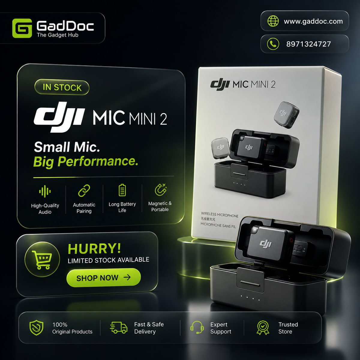 GaddocMarketing's tweet photo. 🎙️ DJI Mic Mini 2 is NOW IN STOCK!

Small mic. Big performance.

🎧 High-quality audio
🔗 Easy pairing
🔋 Long battery life
🧲 Compact &amp; portable
🚨 Limited stock!
🛒 https://t.co/1rNFDvdYNN
📲 8971324727
Follow @GadDoc for creator gear &amp; DJI updates.

#DJIMicMini2 #DJI #GadDoc https://t.co/5wznfHxVCI