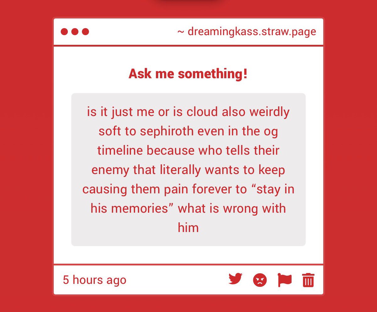 dreamingkass's tweet photo. nah you’re right anon even though he was a lot more hostile towards sephiroth in og compared to now, he’s always been a very compassionate individual deep down. sephiroth was still the same hero he once admired, and that admiration never went away even in og. I think- https://t.co/YbBePSdXhb