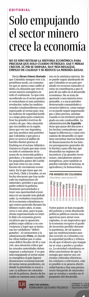 Mauriciotellez's tweet photo. “Solo empujando el sector mineroenergético el país logrará desatrasarse económicamente de tantas tareas pendientes”, dice hoy @larepublica_co 

Tiene razón. Ese es el sector que puede darle un gran impulso a la economía de Colombia y al bienestar de sus ciudadanos. 

Otros países nos dejaron rezagados. Hay que recuperar el tiempo perdido frente Argentina, Guyana y Brasil, y no dejar que Venezuela nos deje más relegados.