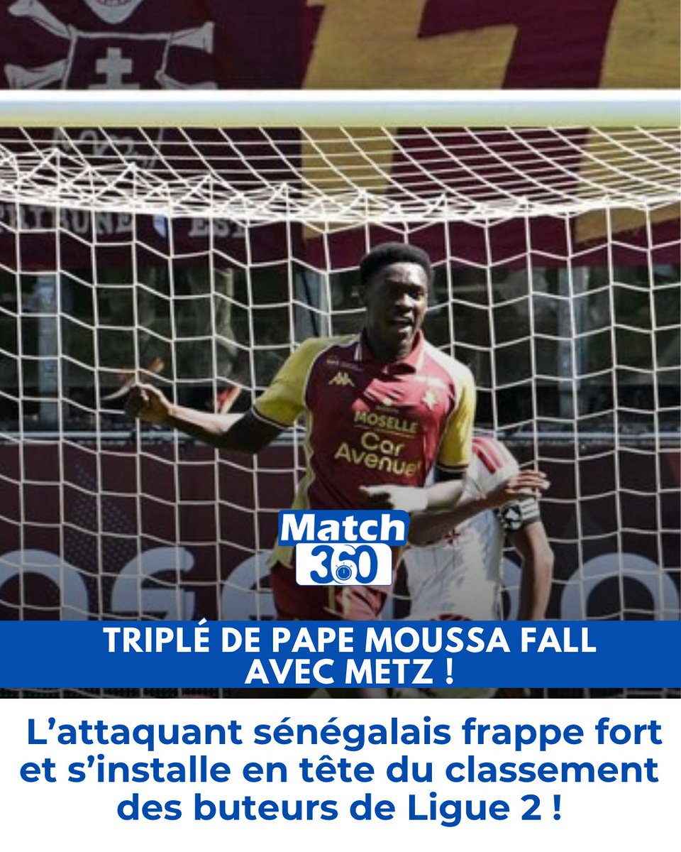 Match360TV's tweet photo. Quel après-midi pour Pape Moussa Fall ! L’attaquant du FC Metz s’offre un triplé et porte son total à 5 buts en 5 journées de Ligue 2.

🔥 Le Sénégalais prend ainsi la tête du classement des buteurs !

#PapeMoussaFall #FCMetz #Ligue2 #Senegal #Match360 https://t.co/r3zIAtqD8h