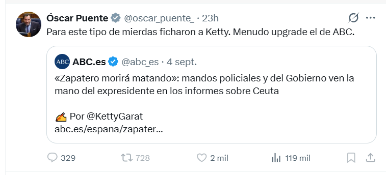 MaribelFAlonso's tweet photo. Puesto que me ha bloqueado @oscar_puente_ , voy a poner aún más interés en denunciar sus vergonzosos y sistemáticos ataques a la prensa. Esto es sencillamente incompatible con un sistema de contrapesos democrático. Todo mi apoyo a @KettyGarat y @abc_es https://t.co/wHun2upi70