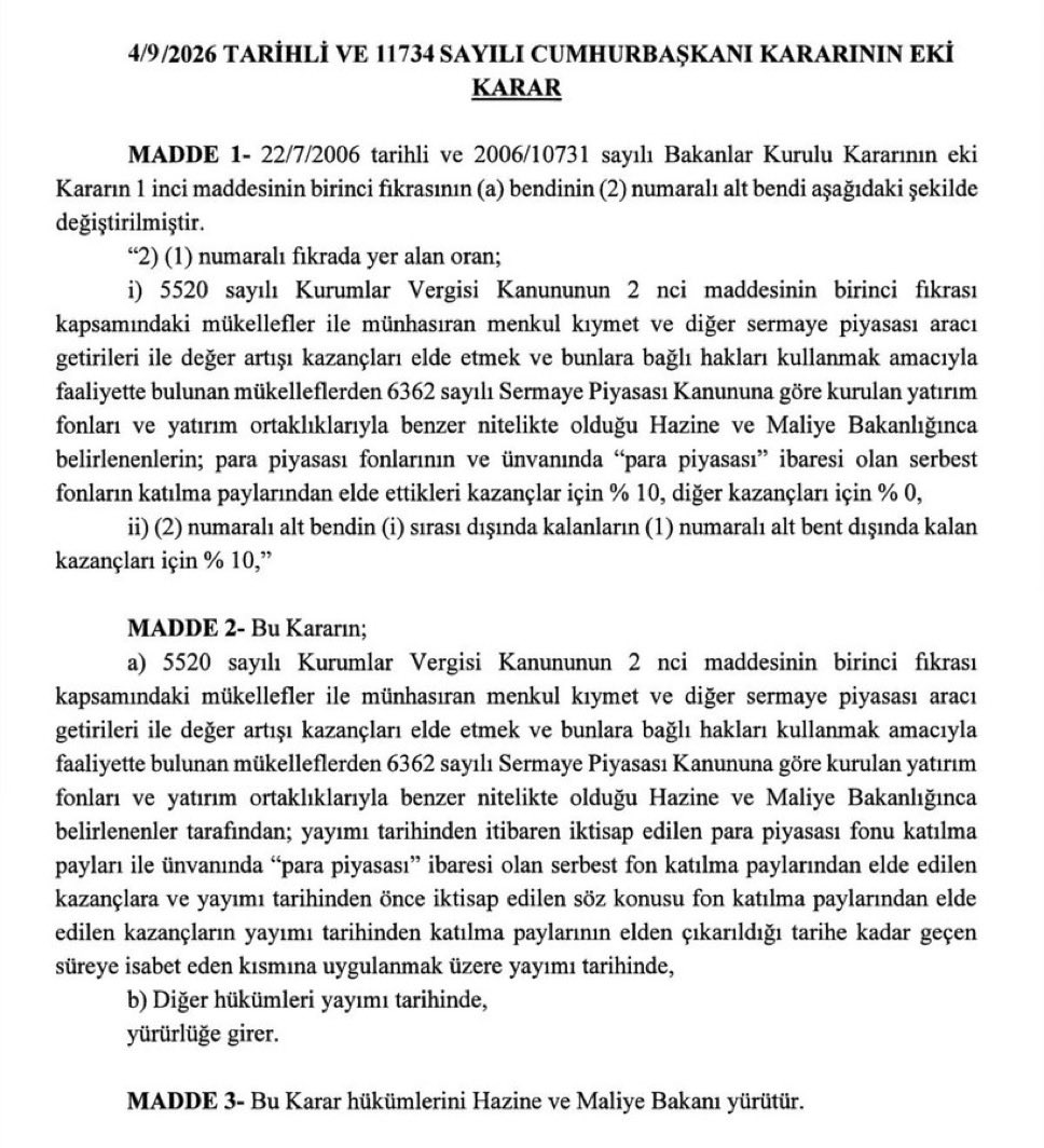 ilkeyazgurdal's tweet photo. Resmî Gazete’de yayımlanan Cumhurbaşkanı Kararı ile para piyasası fonları ve “para piyasası” ibareli serbest fonlardan elde edilen kazançlarda stopaj oranı %10 olarak uygulanacak. Kısa vadede para piyasası fonlarından çıkışlar görülebilir. Bu durum mevduata ve stopaj avantajını koruyan yatırım araçlarına yönelimi artırabilir. BIST üzerindeki etkinin ise sınırlı kalması beklenebilir.