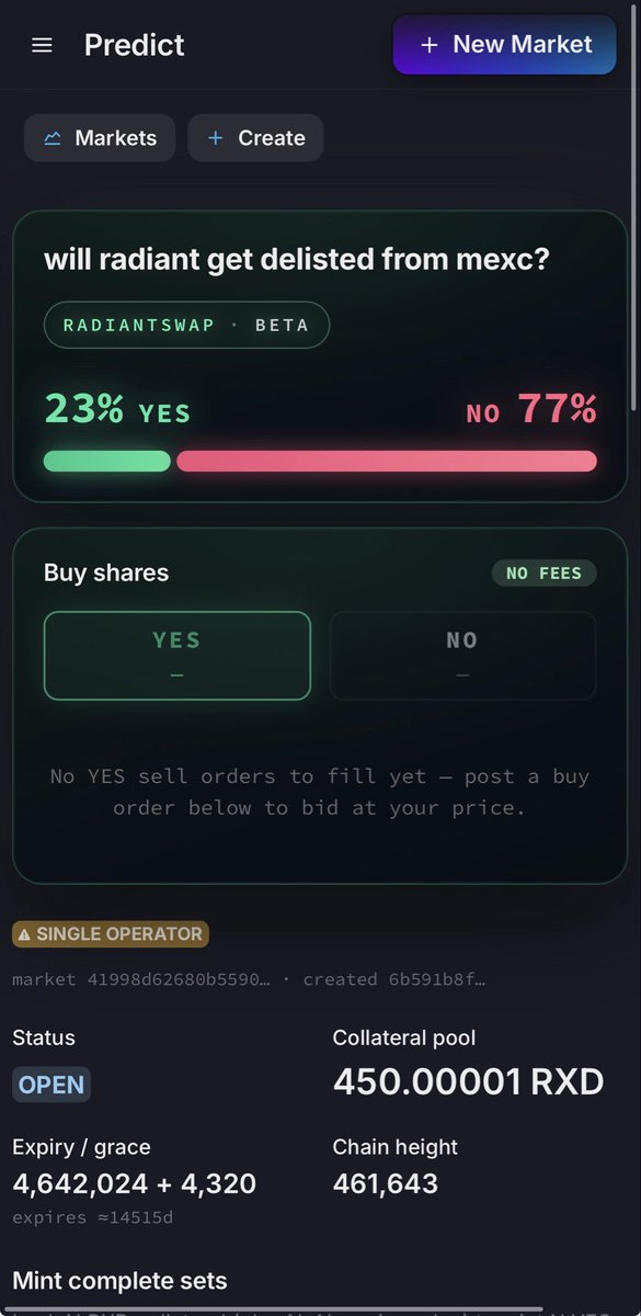 noCookie9107's tweet photo. The Radiant community is being tested.

A prediction market currently puts the odds of $RXD being delisted from MEXC at just 23% — meaning 77% are betting NO.

Is that genuine confidence in Radiant… or simply community conviction?

Either way, the question highlights something important:

Exchange liquidity matters.

Development + users + liquidity + exchange support = the foundation for $RXD’s next chapter.

Would you bet YES or NO?

#RXD #Radiant #Crypto #MEXC