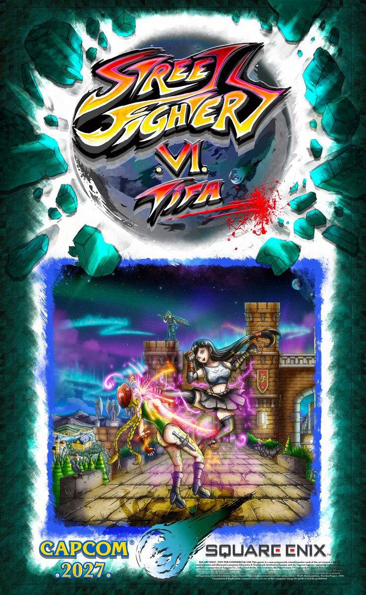BuraiRgm's tweet photo. Tifa vs. Cammy: Crossover Poster Project! 
Here is the final Capcom-inspired poster layout, with various layers @SqaureEnix @capcom_official  #StreetFighter #FinalFantasy7 #Tifa #Cammy #FGC #illustration‌‌ #fanart https://t.co/ioQk3HsKJn