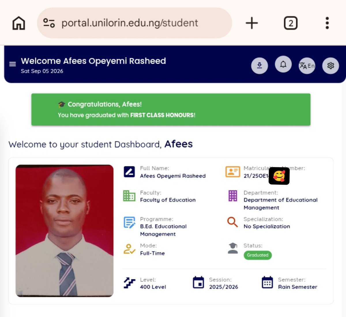 Rashaf01's tweet photo. What we prayed and waited for has finally become a reality! 🙌🏽

The graduating list is finally out, and I’m grateful to officially be a First Class Graduate of Educational Management.

I dedicated it to Almighty Allah and my late mother. May Allah grant her Al-Janatul Firdaous🤲 https://t.co/yu3gBME5TA