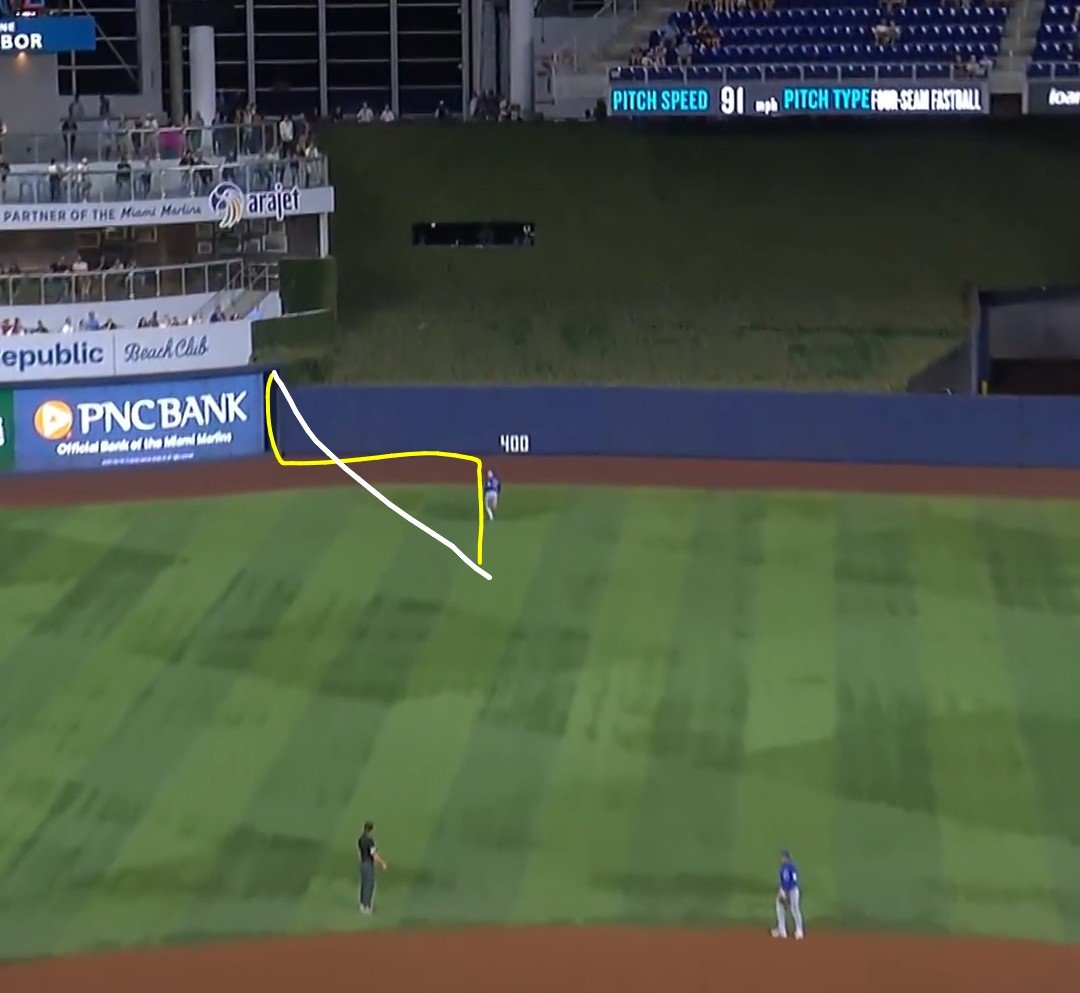 DanClarkSports's tweet photo. Yellow line - Pete Crow-Armstrong's route to the fly ball he caught.

White line - A far more direct path, had he actually tracked it properly.

It was a great catch, no doubt, but it was made to look far more dramatic because he tracked it so poorly. https://t.co/CKVRO8rR8X