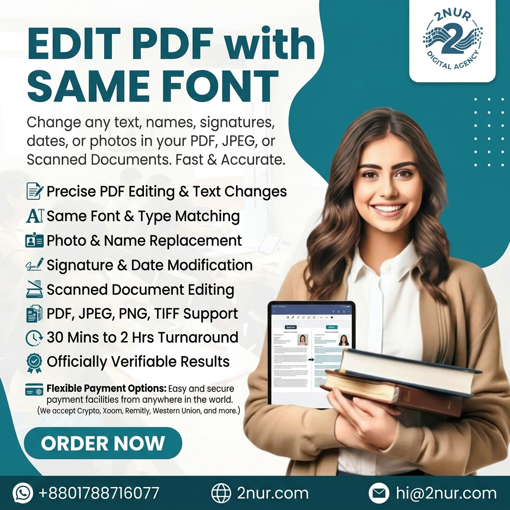 EditMasterPDF's tweet photo. Edit PDF With Same Font Perfectly!

⚡ Express Delivery: 30 Mins – 2 Hours
💳 Global Payments: Crypto, Remitly, Western Union &amp; more
📥 Send your file to 2NUR Digital Agency:
📲 WhatsApp: +8801788716077
🌐 Website: https://t.co/V1vltcvxwB

#EditPDFWithSameFont #PDFTextChanges https://t.co/iMXIjEKrPB