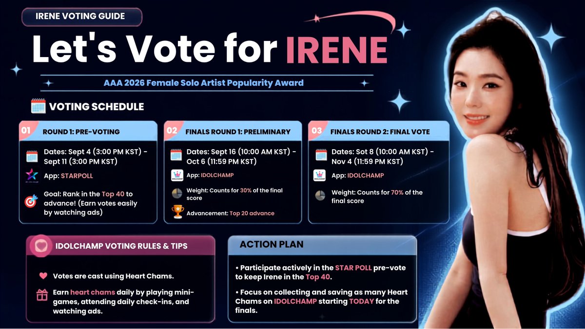 ayu_anggara24's tweet photo. #IRENE is nominated for the AAA 2026 Female Solo Artist Popularity Award!

Please participate in the pre-voting on STARPOLL APP and start collecting heart chams on IDOL CHAMP. 

LETS  VOTE and work together and bring home another trophy for IRENE! 🩷

FIGHTING, BAETOKKIS! 🔥💪 https://t.co/ZYqGUelHev