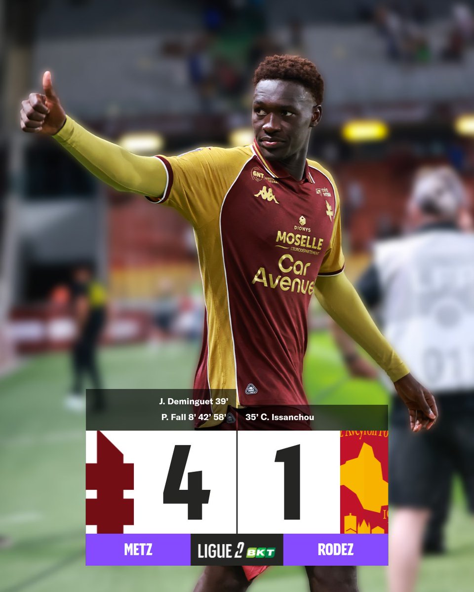 Ligue2BKT's tweet photo. 𝐏𝐚𝐬 𝐜𝐨𝐧𝐭𝐞𝐧𝐭 ? 𝐓𝐫𝐢𝐩𝐥𝐞́. 🎩

Le @FCMetz s’offre un large succès face à l'@OfficielRAF, porté par un Pape Moussa Fall en feu ! 🔥 https://t.co/ivPRPoam0C