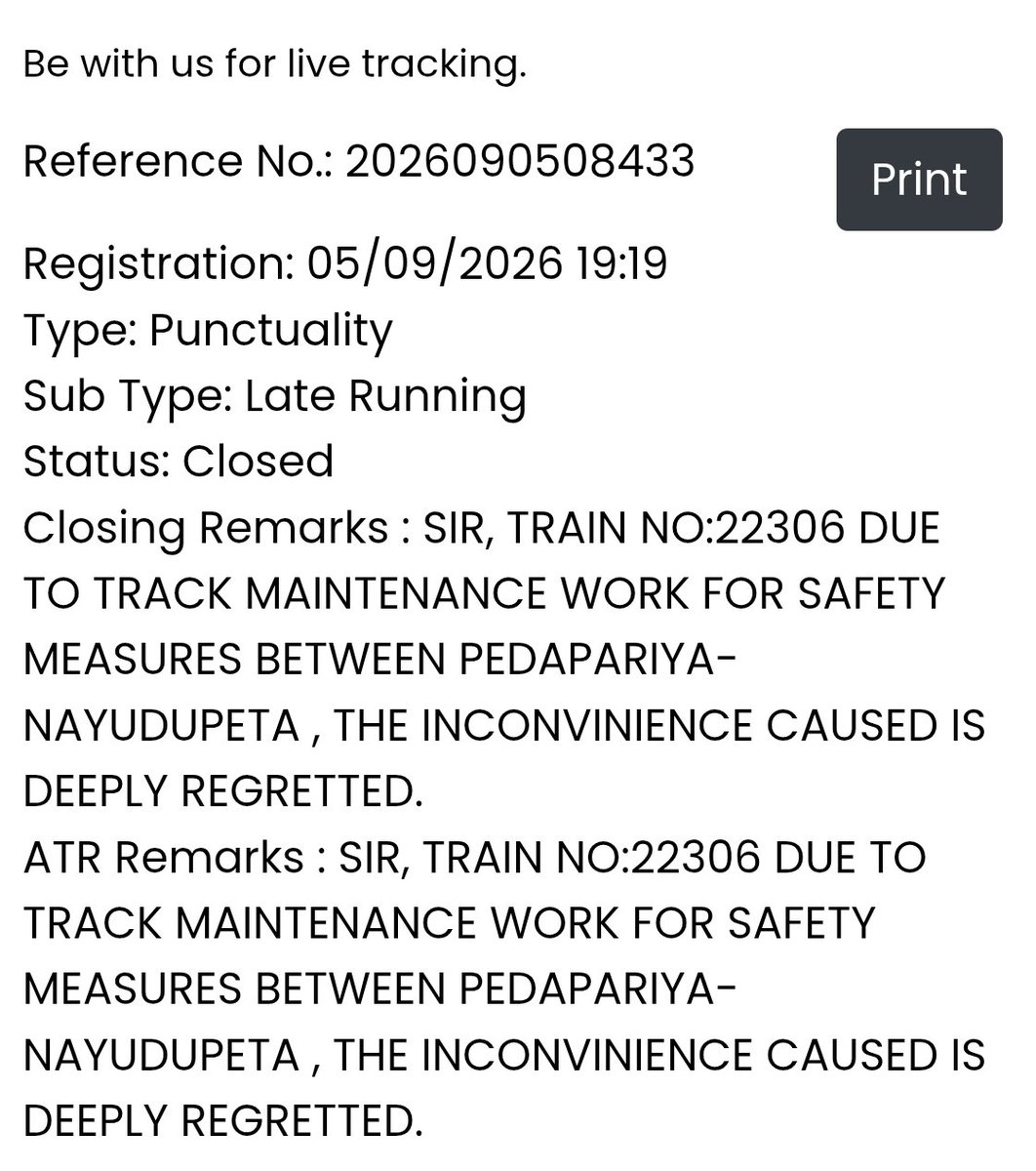 hysujit's tweet photo. @RailwaySeva @RailMinIndia After seeing this I contacted few of my fellow travelers and I got to know this is a usual for this train. This always gets delayed from either side. However something we can improve on. https://t.co/yxedeH9gLF
