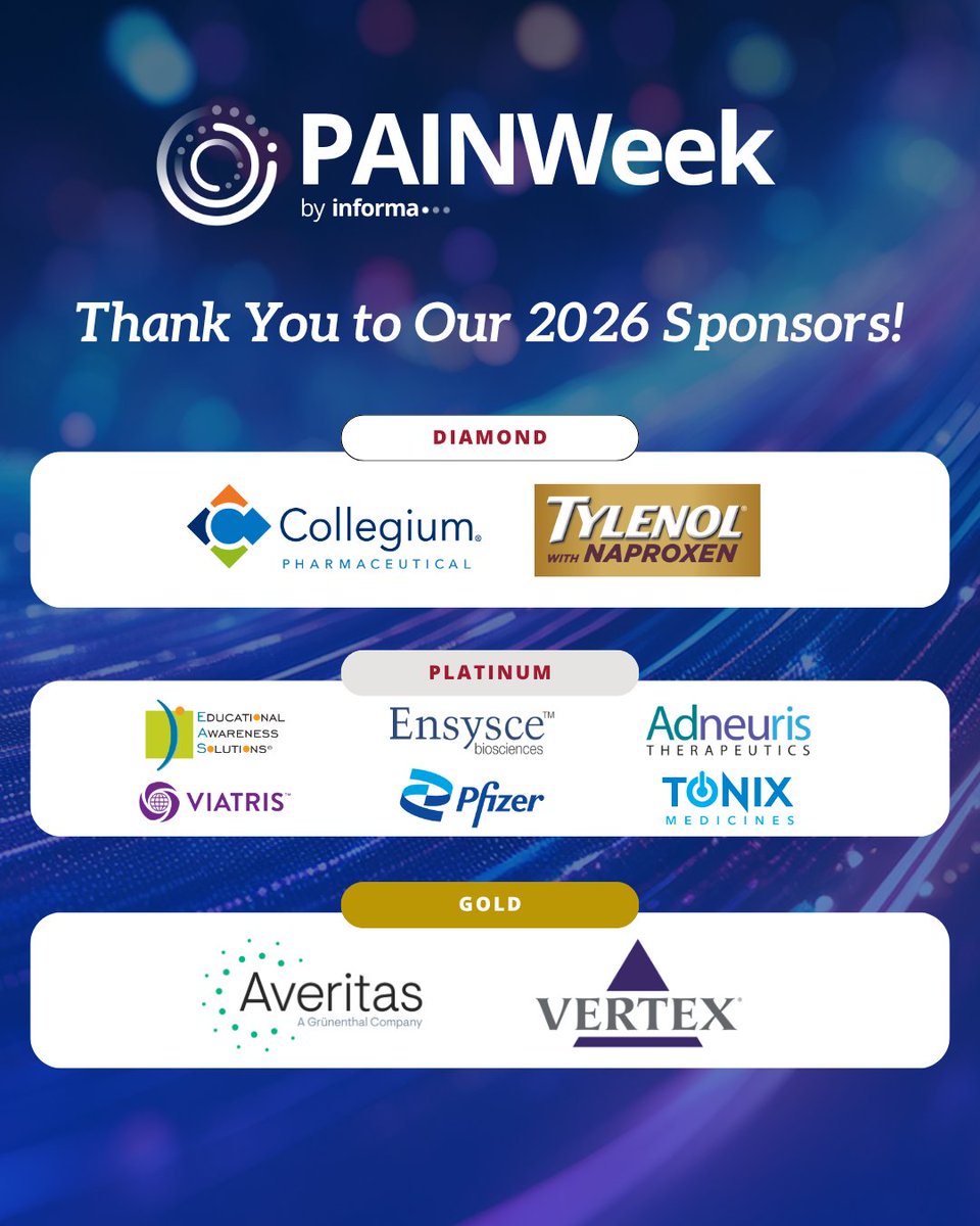 PAINWeek's tweet photo. Huge thank you to our amazing #PAINWeek 2026 sponsors! Your support makes it possible to bring together the pain management community for education, innovation, and collaboration. We couldn't do it without you!

https://t.co/CqOotoYr0f https://t.co/jeZKkGTMPS