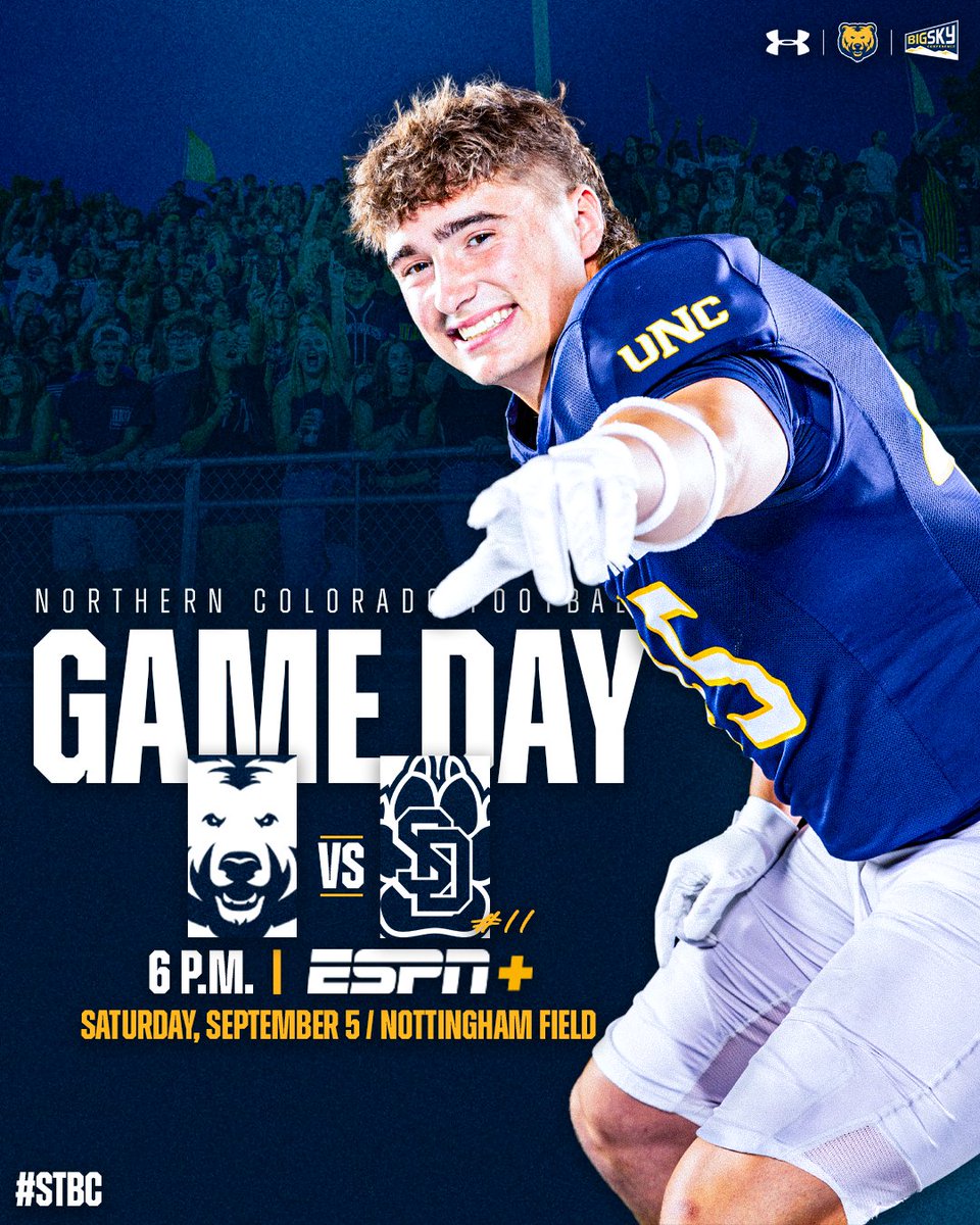 UNC_BearsFB's tweet photo. 𝐁𝐞𝐚𝐫𝐬 𝐯𝐬 𝐘𝐨𝐭𝐞𝐬 𝐮𝐧𝐝𝐞𝐫 𝐭𝐡𝐞 𝐥𝐢𝐠𝐡𝐭𝐬 💡

🆚 #11 South Dakota
🕕 6 p.m.
🏟️ Nottingham Field
📍 Greeley, Colo.
🎉 Kids Day
📺 https://t.co/6J0PU3lUZ0
📻 93.5 FM/pirateradio935.com
📊 https://t.co/yW5kkNAlSw
🎟️ https://t.co/wK3xAinurR

#BearCountry | #STBC https://t.co/b819zrgHSA