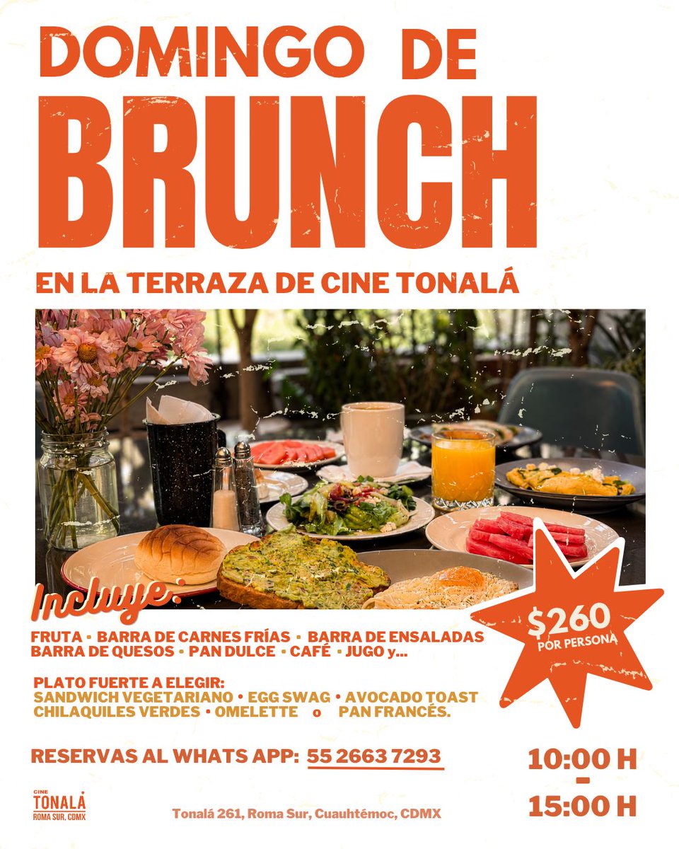 cinetonala's tweet photo. ☀️ Los domingos saben mejor en la terraza.
Nuestro Brunch regresa a la Terraza de Cine Tonalá 🌿☕ Un plan para disfrutar sin prisas, entre buena comida, café, música y el mejor ambiente de la Roma.
Nos vemos este domingo. 🥂
#CineTonalá #Brunch #RomaSur #CDMX #SundayBrunch https://t.co/0VemMb6TYF