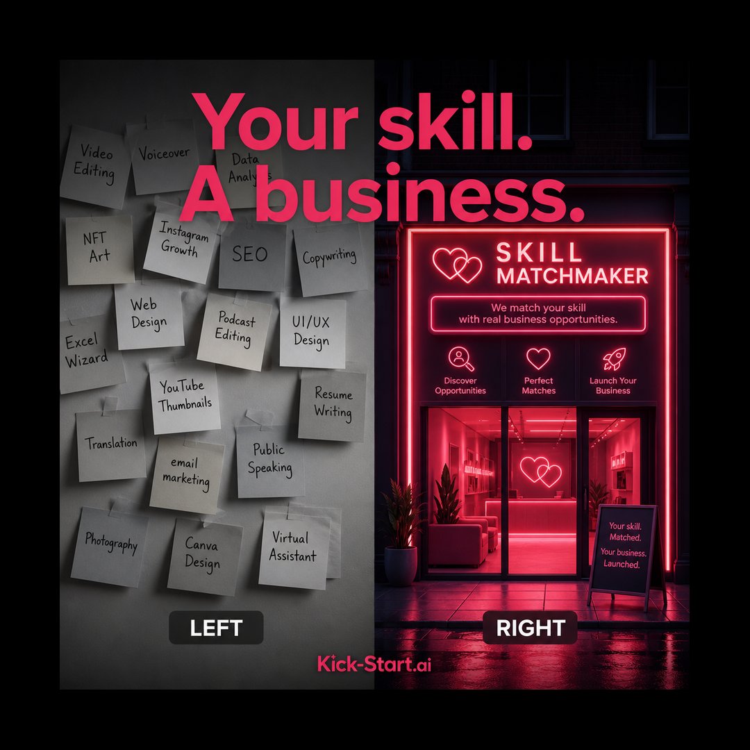 Kick_Start_Ai's tweet photo. Left: a pile of skills. Right: a named offer. Skills do not convert. Storefronts do. #skillmatchmaker #solopreneur https://t.co/e7WJVdLFeq