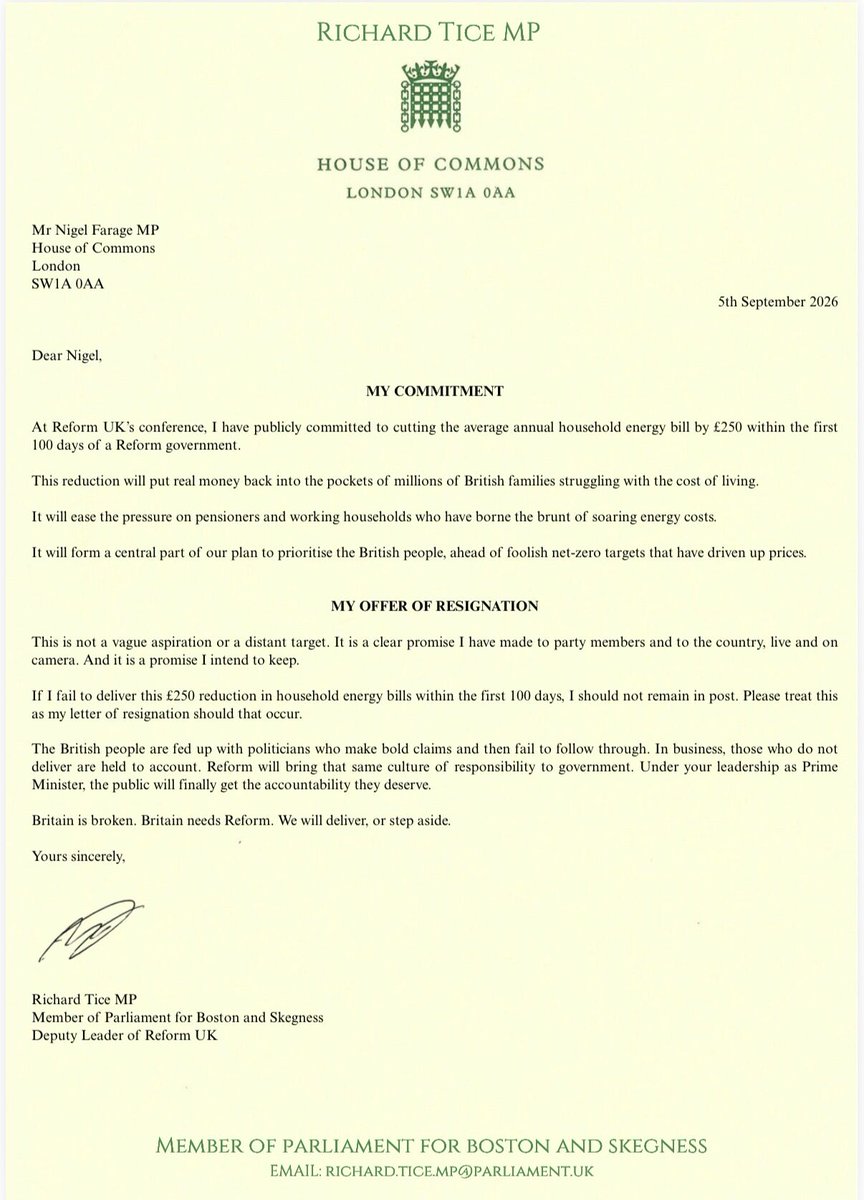 TiceRichard's tweet photo. My resignation letter if I don’t deliver in the first 100 days of a Reform UK government. ⬇️ https://t.co/9schBeIgLb