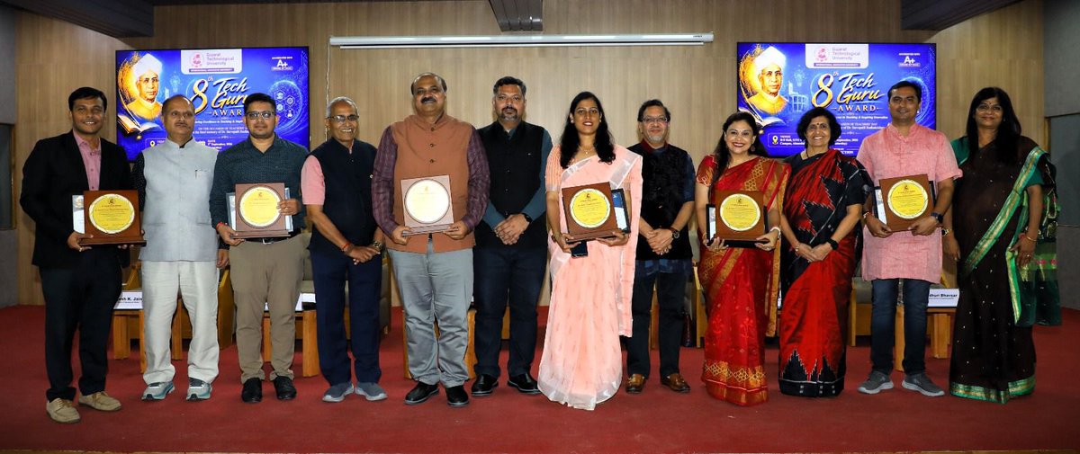 gtuoffice's tweet photo. 🎓✨ GTU celebrated excellence in teaching at the 8th Tech-Guru Award Ceremony 2026 on Teachers’ Day. 7 outstanding faculty were honoured, along with 8 retired Principals/HoDs for their lifelong contribution to technical education. 👏🙏 #TechGuruAward #GTU https://t.co/yXGKumPMtc