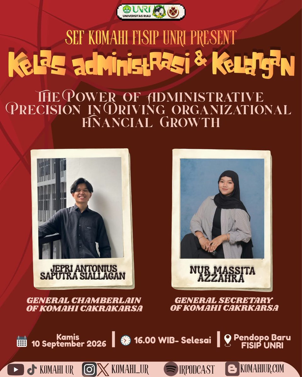 KOMAHI_UR's tweet photo. [KELAS ADMINISTRASI DAN KEUANGAN 2026]
••
Hello Hi'ers! 👋🏻

Kelas Administrasi dan Keuangan hadir dengan tema "The Power of Administrative Precision In Driving Organizational Financial Growth". https://t.co/Q4Ai4LLRKj