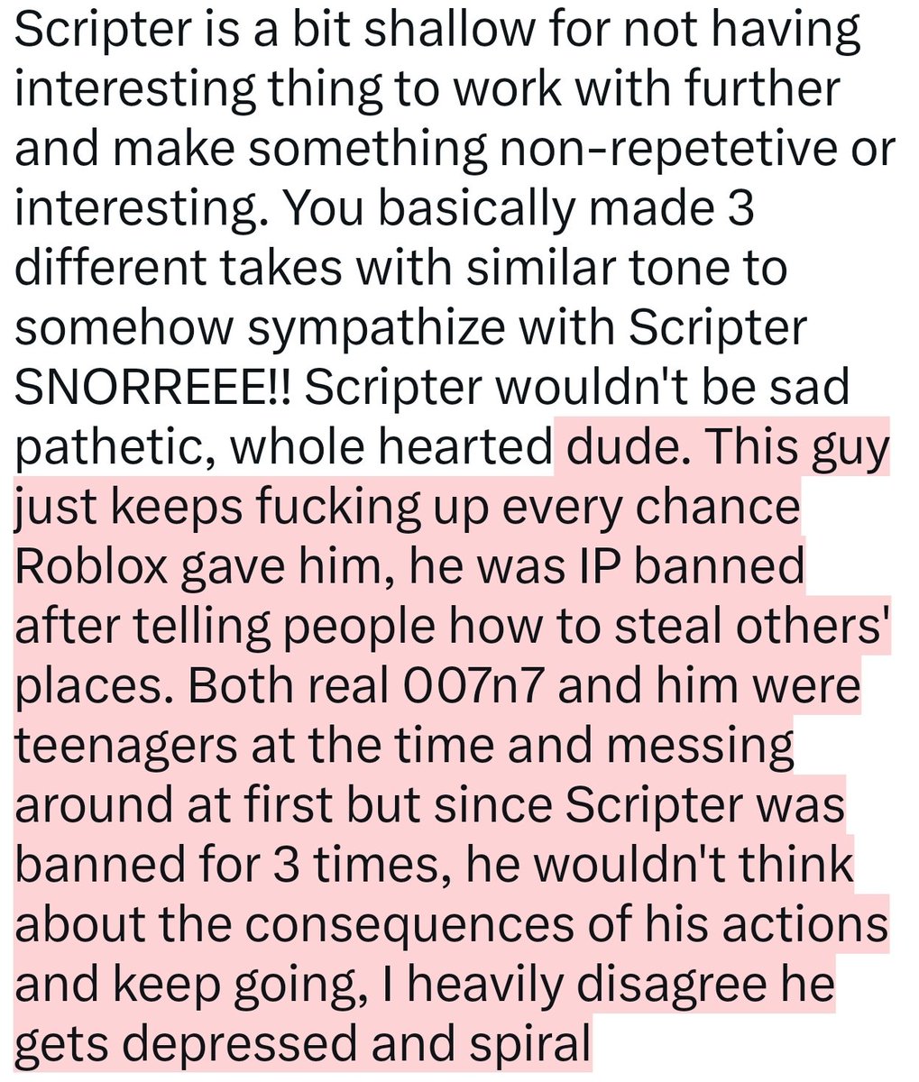 omenvile's tweet photo. @Gamezone_Ent @JackysPumpkins @ILovestuck Side note: Scripter wouldn't be cocky either, I think he would be apathetic and doesn't care about the damages he did. He's morally better than 007n7 in Robloxia's world. He would be interesting as well characterized character but it's not really worth it https://t.co/pxLXcuRfXh