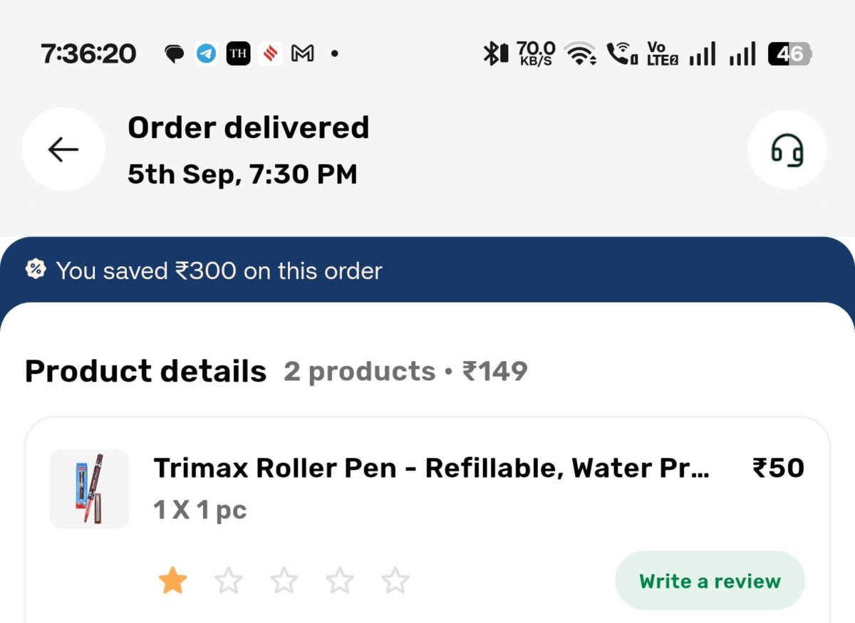 thevermish's tweet photo. Ordered a Trimax pen from @bigbasket_com, but received a whitener instead. To make things worse, your chatbot refuses to resolve the issue or connect me to a human support agent.
​Please look into this and arrange a replacement/refund.
Order ID: BNN-2093230502-20260905 https://t.co/ry1DhLVdx5