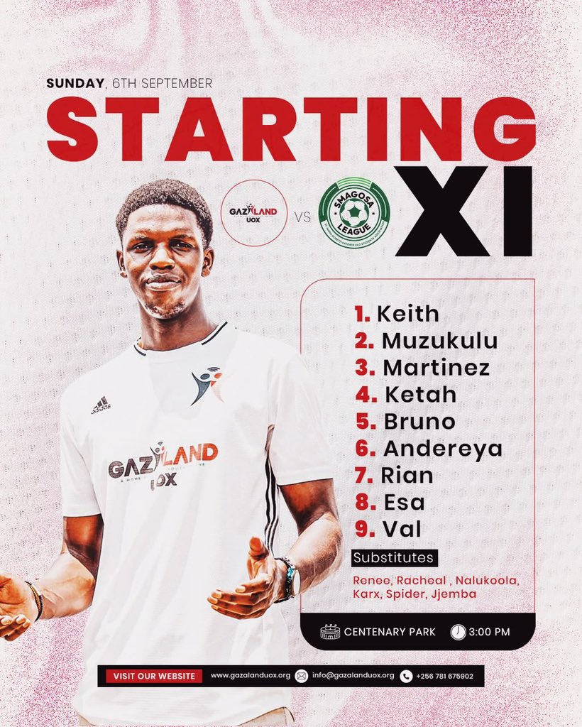 gazalanduox's tweet photo. . @SmagosaLeague takes on Gazaland UOX in a friendly match this Sunday, 6th September at 3PM,

Centenary Park. Come witness real football action! 🔥  

#GazalandUOX #SMAGOSALeague https://t.co/HiiAZb1vH9