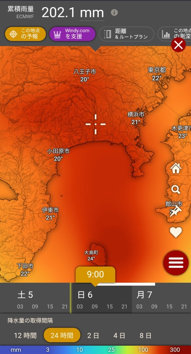 GreaterKanagawa's tweet photo. 気象予報サイトWindyでは、神奈川で24時間雨量が200mmに達する予報 https://t.co/Q9as72KZpd