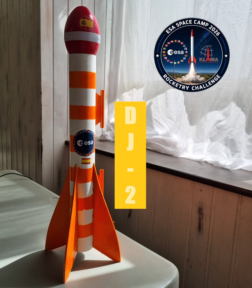 SpaceHolgar's tweet photo. Rocket #1 of the #RocketryChallenge at #ESASpaceCamp 2026: The student team "Diego & Juan" designed and built this 50 mm diameter #modelrocket and called it "DJ-2". The #rocket will fly with four B4 motors made by @RocketryKlima! #STEAM #STEMEd #rocketry #ESA #ESASC #ESASC2026 https://t.co/yaJDXuAIUc