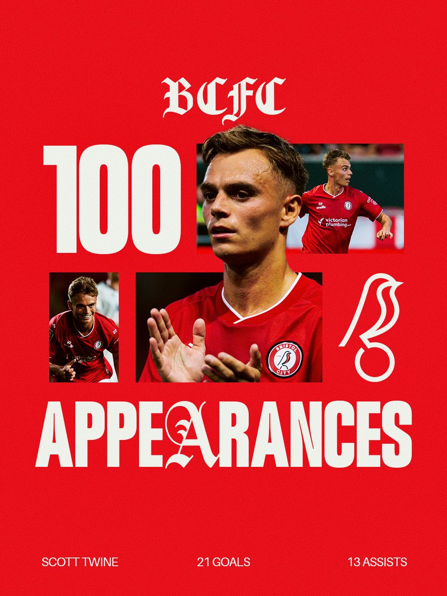 BristolCity's tweet photo. 1️⃣0️⃣0️⃣ City appearances for Scott Twine! 👏 https://t.co/MSPKdYZPjZ