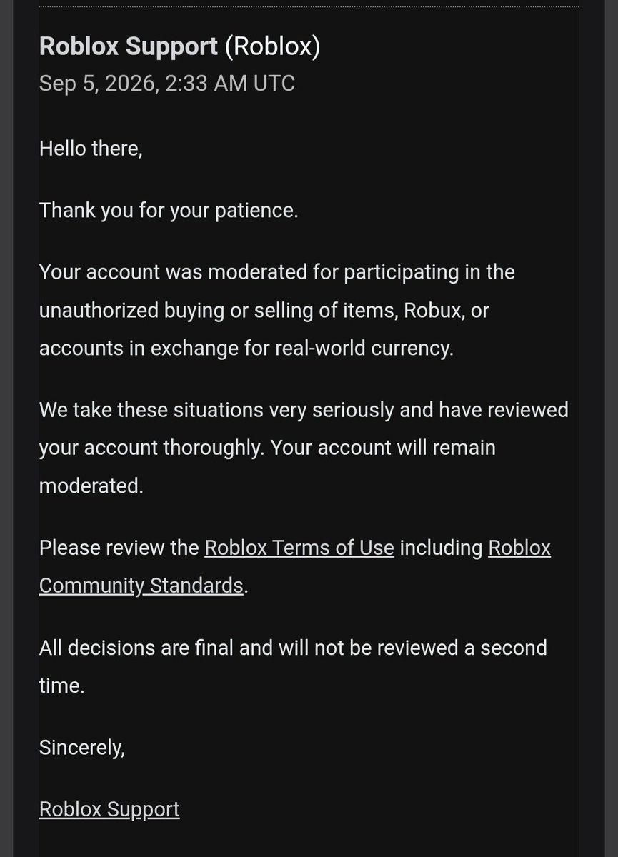 batajoo_'s tweet photo. hey @Roblox @Roblox_RTC @robloxdevrel. Our account BevelCreatives ( studio's account ) was falsely banned under "Trading robux outside of roblox ". We simply got our dev payment from a verfied group. This doesnt mean that it was usd selling or buying.

help us in this regard https://t.co/QIPnBYl42b