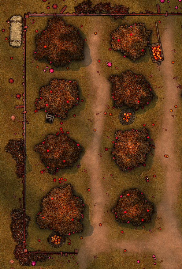 Itsjustwitch's tweet photo. You can practically smell the cinnamon-apple wafting from this map.
Should be coming Monday! Made with my assets, many of which are also going in this month's pack!
#ttrpg #ttrpgmaps #ttrpgbattlemaps #battlemaps #appleorchardmap #appleorchard #fantasymaps #fantasymap https://t.co/SbVyjnBmBb