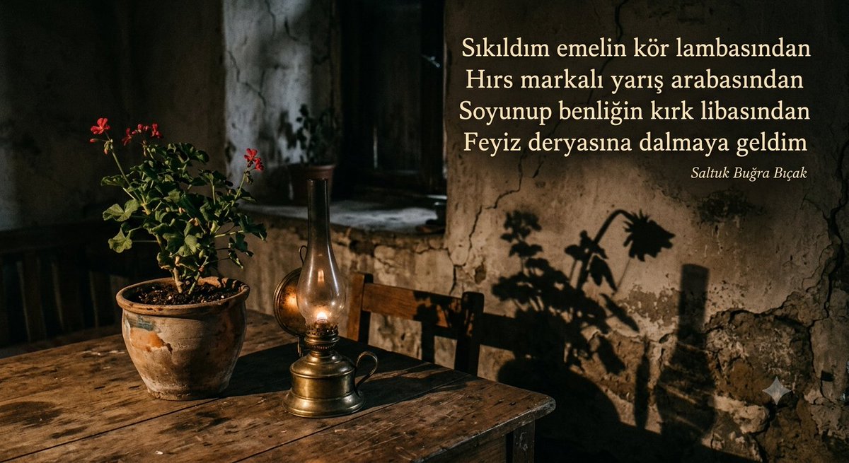 CakSaltuk's tweet photo. Sıkıldım emelin kör lambasından
Hırs markalı yarış arabasından
Soyunup benliğin kırk libasından
Feyiz deryasına dalmaya geldim

#şiir
#edebiyat
#tasavvuf https://t.co/02EKzQsq3b