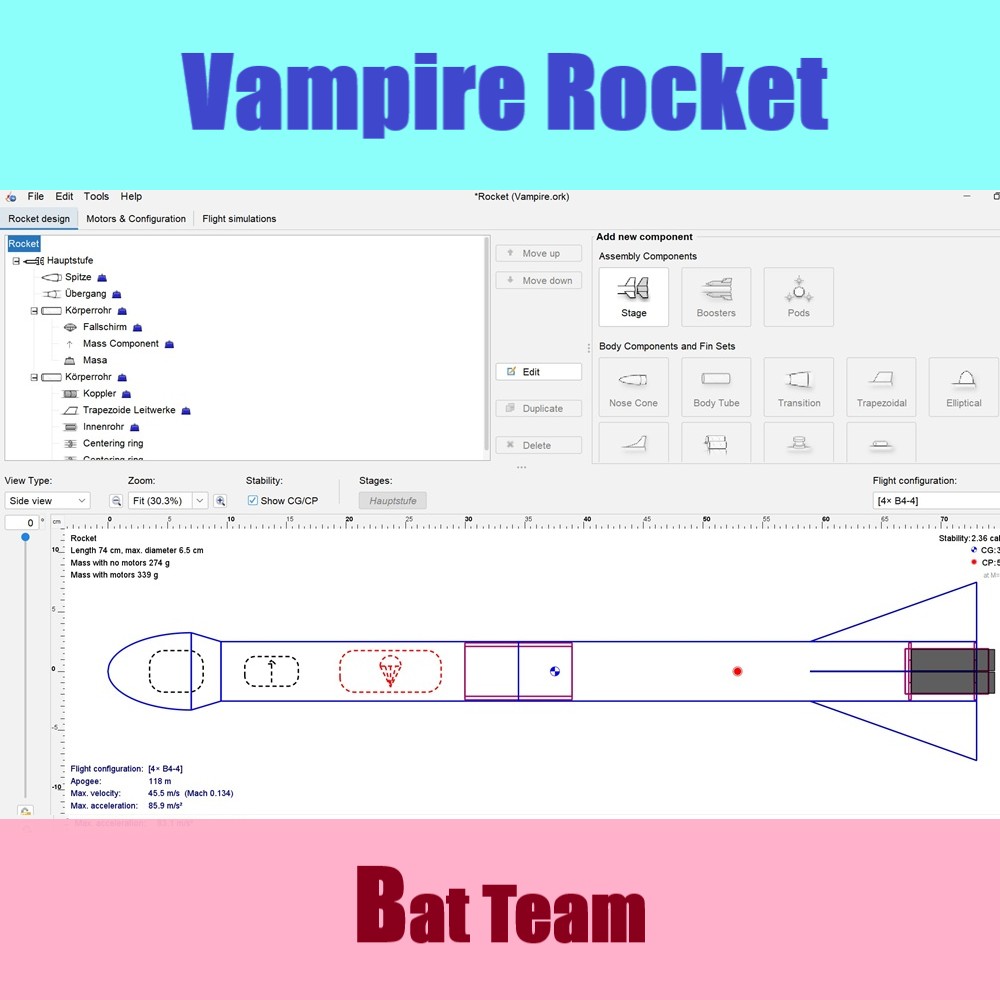 SpaceHolgar's tweet photo. @RocketryKlima Rocket #2 of the #RocketryChallenge at #ESASpaceCamp 2026:
The ''Bat'' team designed and built this long 50 mm diameter #modelrocket and called it "Vampire''.
The #rocket will fly with four B4 motors made by @RocketryKlima !
#STEAM #STEMEd #rocketry #ESA #ESASC #ESASC2026 https://t.co/SUC7aEynGN