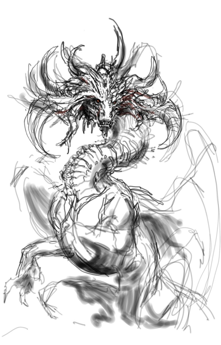 dragonkingart's tweet photo. Here's a dragon I drew on my phone while I was on the road. I really love drawing from blobs and shapes, which is why my lines are so chaotic. I originally wanted to make him really scary, but that didn't quite work out https://t.co/leoATnHb0P