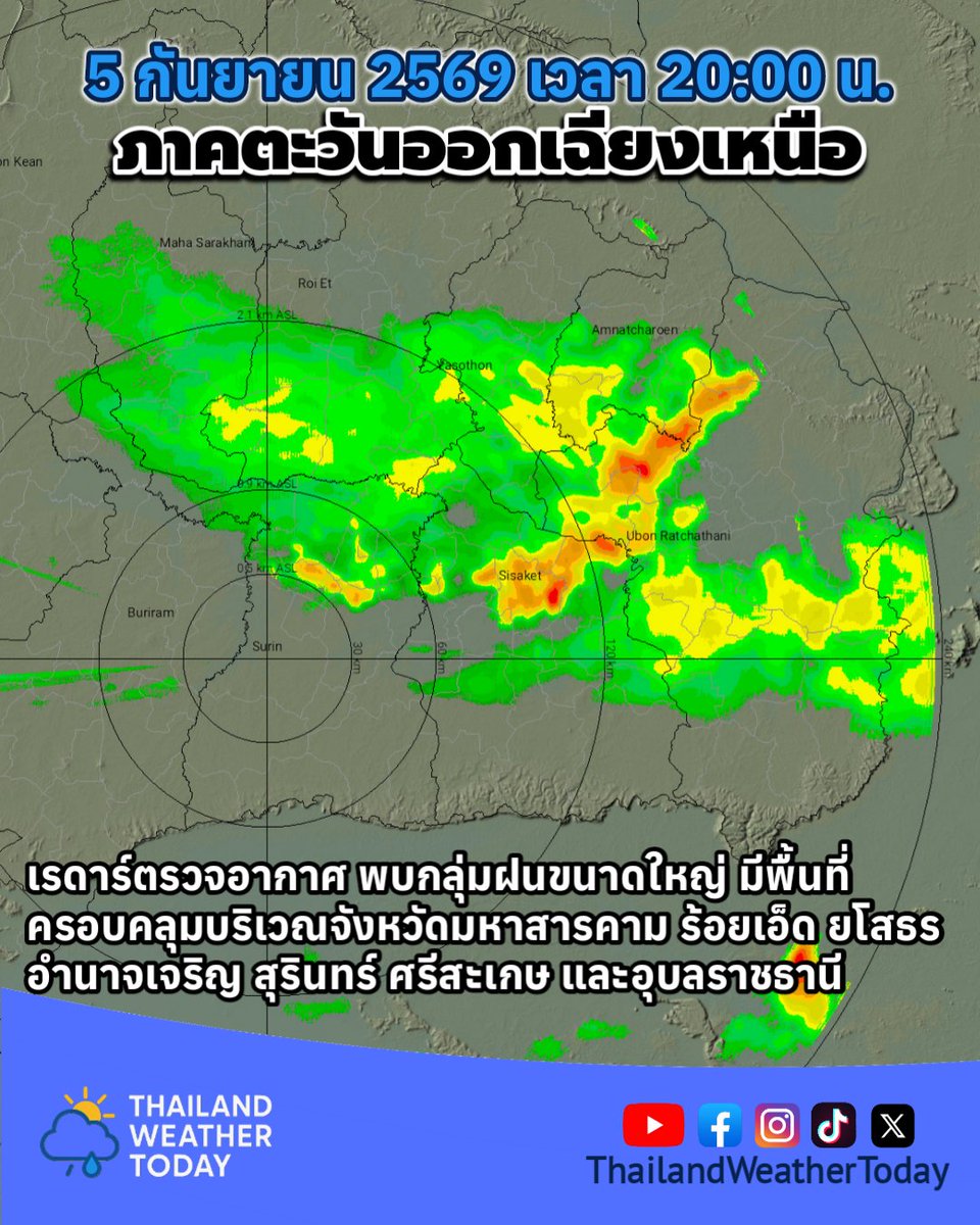 THWeatherToday's tweet photo. 📡5 กันยายน 2569 เวลา 20:00 น.
เรดาร์ตรวจอากาศ พบกลุ่มฝนขนาดใหญ่ มีพื้นที่ครอบคลุมบริเวณจังหวัดมหาสารคาม ร้อยเอ็ด ยโสธร อำนาจเจริญ สุรินทร์ ศรีสะเกษ และอุบลราชธานี
#พยากรณ์อากาศ #พายุ #โซเดล #Saudel #Weather https://t.co/VM3P0oOHna