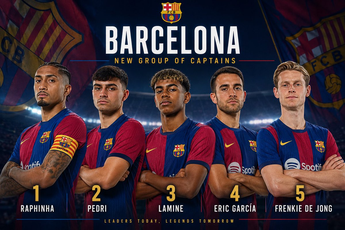 BarcaCode's tweet photo. The armband has new leaders. 🫡 Raphinha • Pedri • Lamine • Eric García • Frenkie de Jong 🔵🔴 https://t.co/eQEKAL7fbi