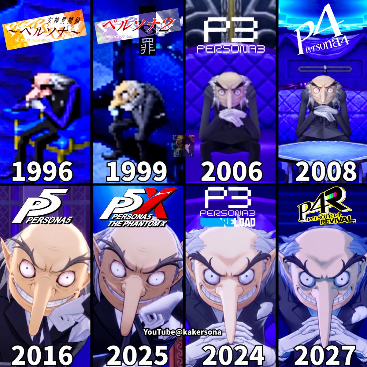 kakersona's tweet photo. イゴールのグラフィック進化
1996-2027

#P30th #ペルソナ30周年
#Persona https://t.co/7zxhmhXweP