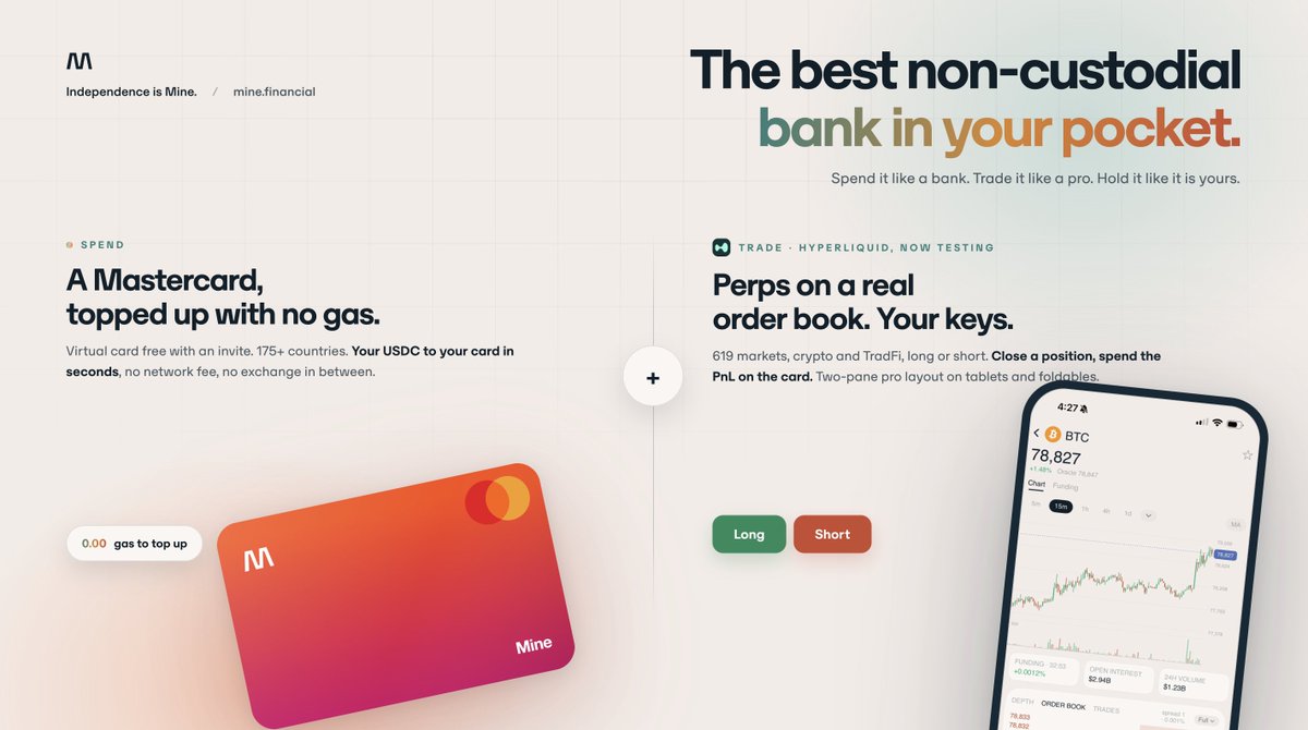 Mine_Wallet's tweet photo. Your bank holds your money. Ours doesn't. 🔑

MINE: a free Mastercard with zero gas top-ups, Hyperliquid perps on a real order book, stocks and crypto in one account - and nobody in the middle holding any of it.

The best non-custodial bank in your pocket.

DM for an access code. 📩